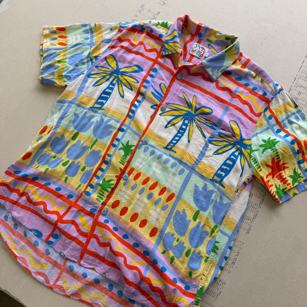 Vintage 90s RARE Jams World Palm Tree Tropical Rayon Button Down Shirt